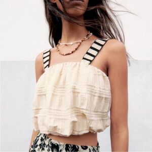 Zara Cream Bubble Tank Top with Striped Straps
